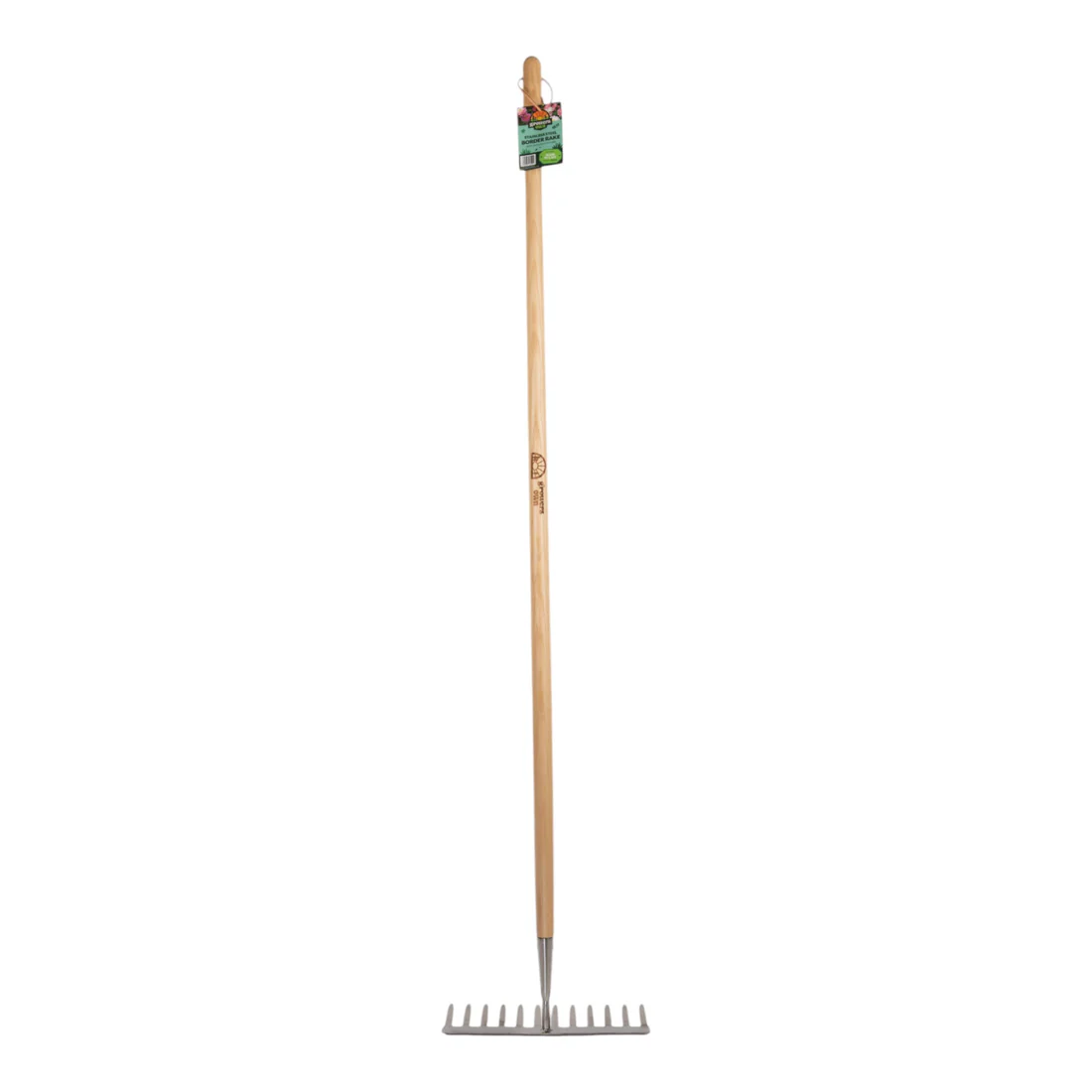 GrowersOwnBorderRakeLabel Growers Own Stainless Steel Border Rake w/ Ashwood Handle – Premium Soil Finishing Tool for Trade Growers - Image 1