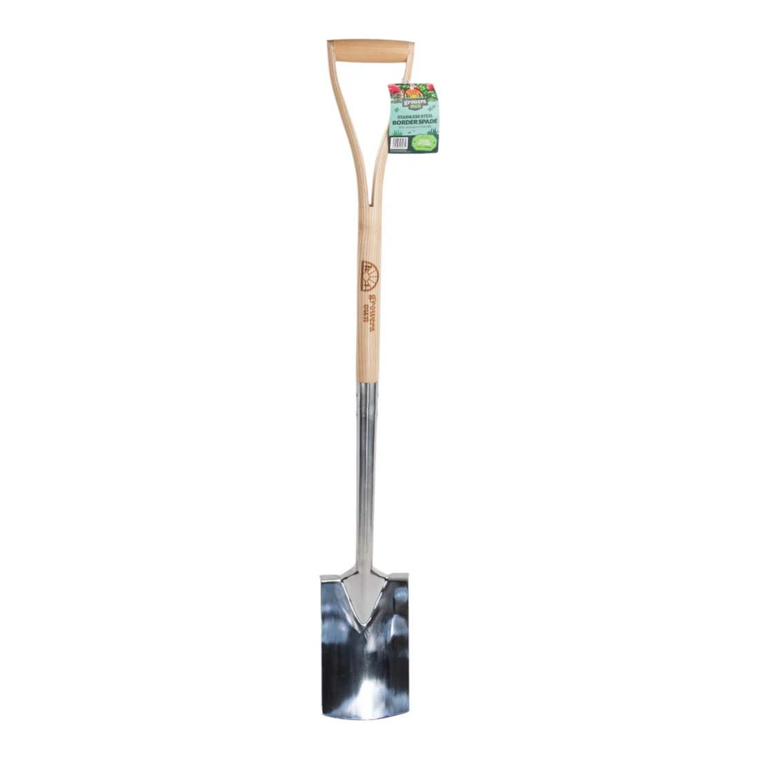 GrowersOwnBorderSpadeLabel Growers Own Stainless Steel Border Spade w/Ashwood Handle – Built for Professional Growers - Image 1