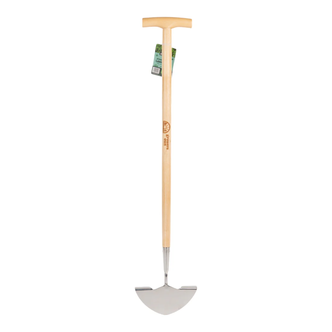 GrowersOwnLawnEdgerLabel Growers Own Stainless Steel Lawn Edger w/Ashwood Handle – Professional Tool for Sharp, Defined Garden Borders - Image 1